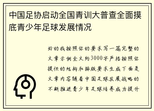 中国足协启动全国青训大普查全面摸底青少年足球发展情况